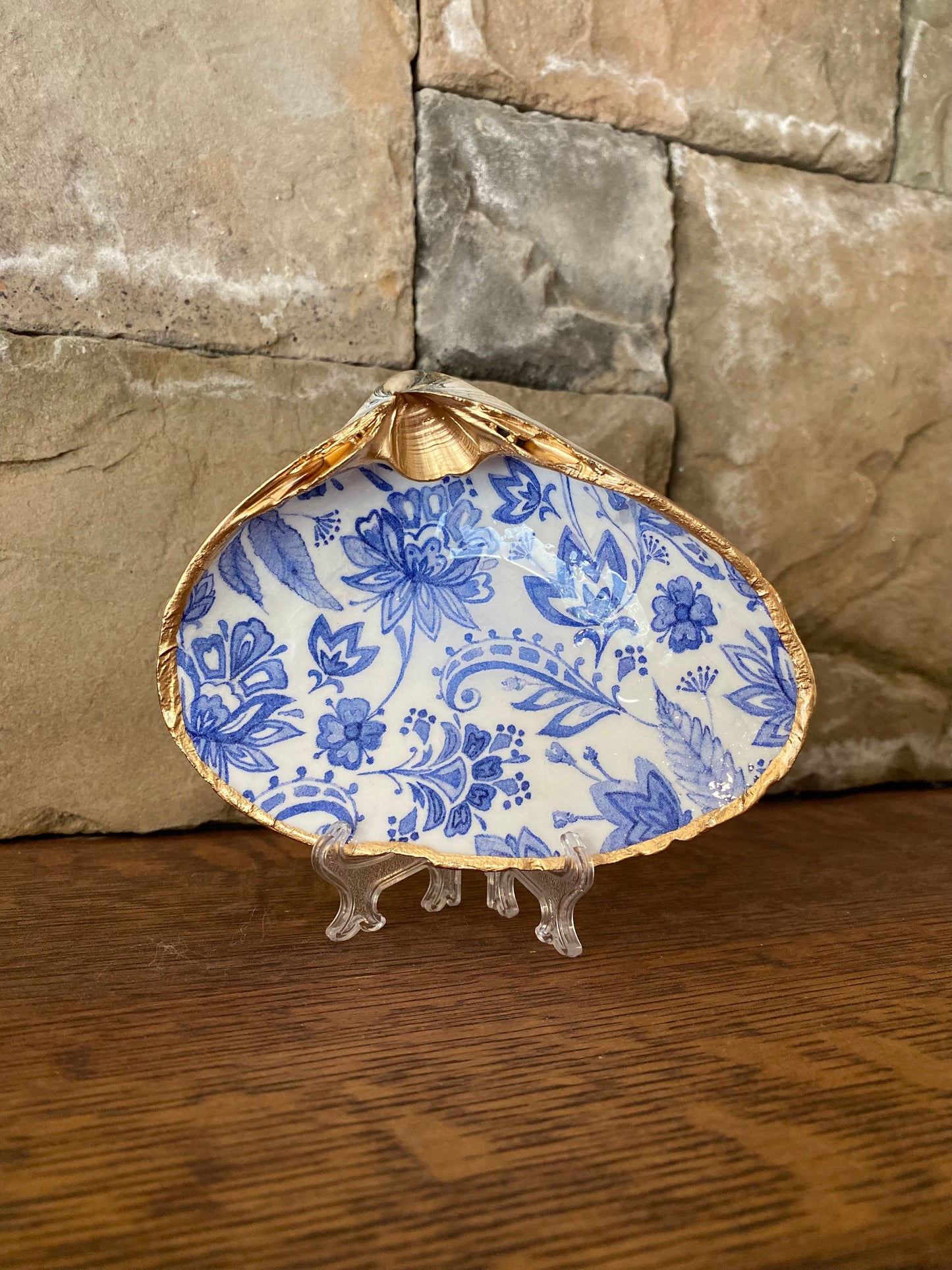 Clam Shell Dish with Blue Flowers