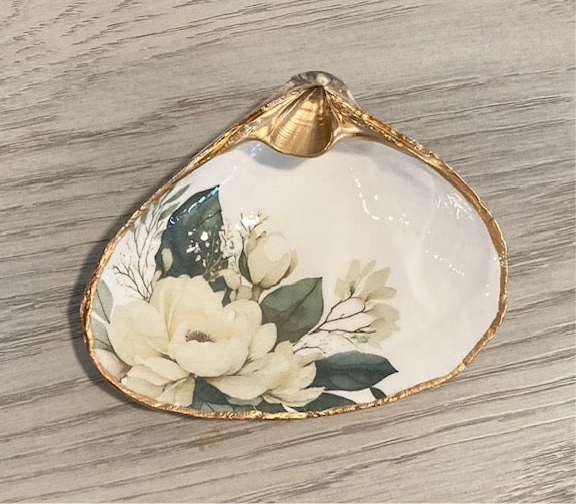 Clam Shell Dish with White Magnolia Flowers