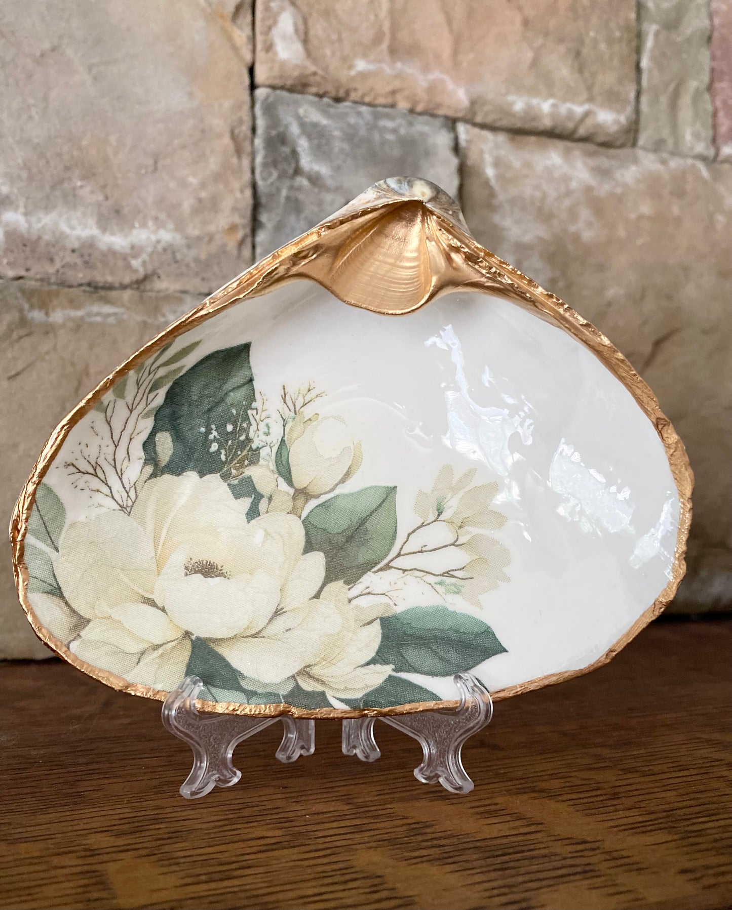 Clam Shell Dish with White Magnolia Flowers