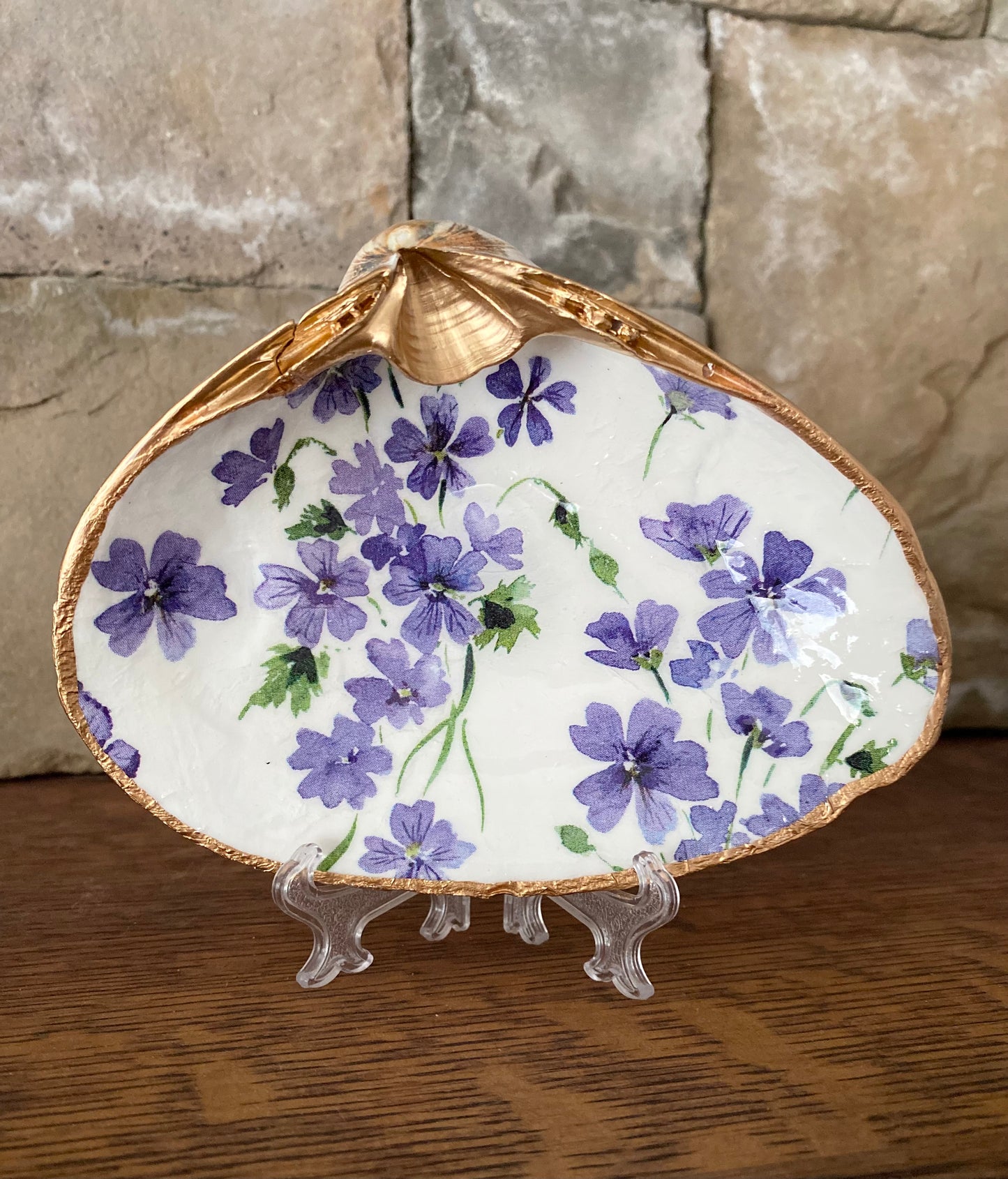 Clam Shell Dish with Purple Flowers