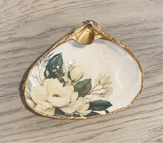 Clam Shell Dish with White Magnolia Flowers