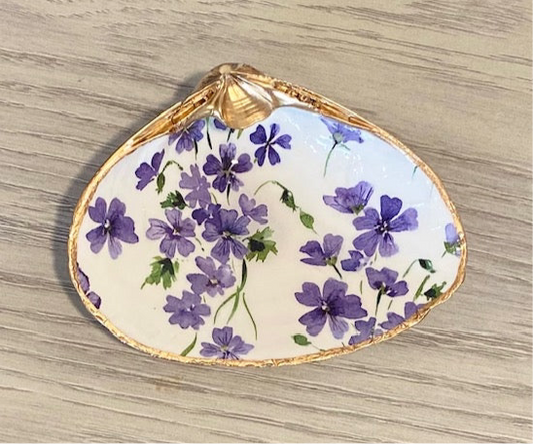 Clam Shell Dish with Purple Flowers
